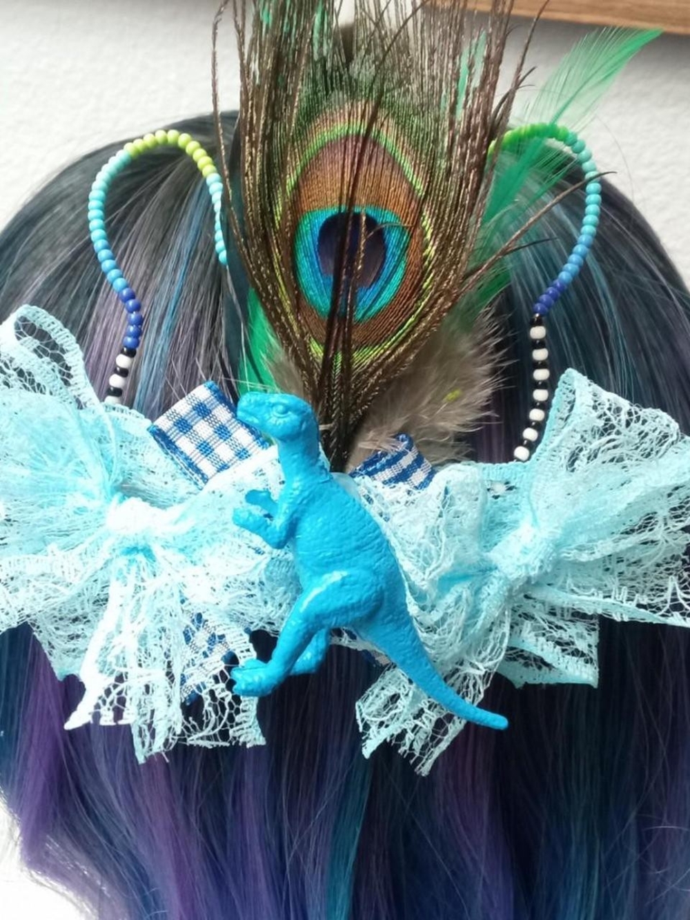 Blue Lace Dinosaur Hair Clip with Peacock Feather Accent